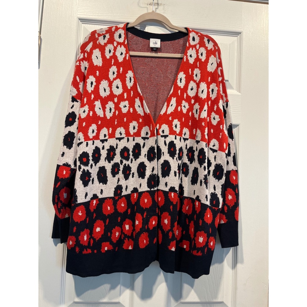 Cabi Leopard Cardigan Red Navy White Animal Print V-Neck Knit Sweater Large
